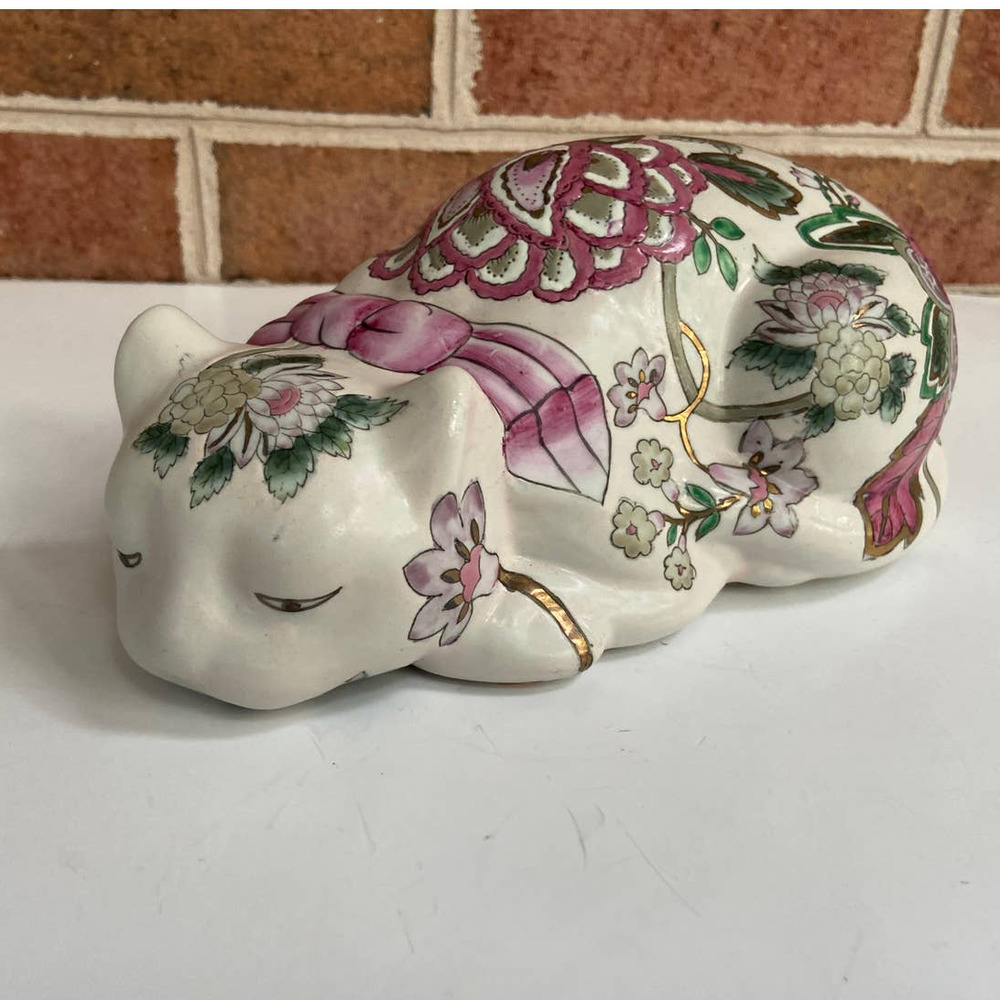 Cloisonné Ceramic Cat Hand Painted Pink Green Gold Classics Traditions JC Penney